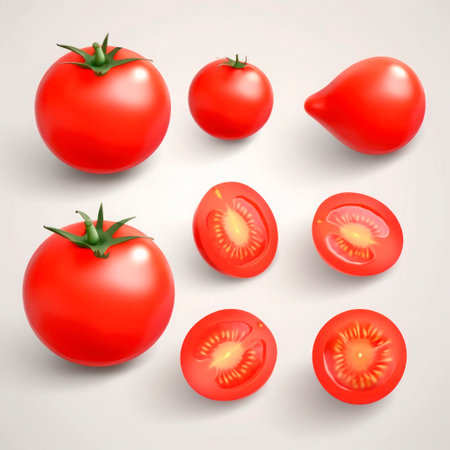 A set of drawings of tomatoes close-up on a white background.の素材