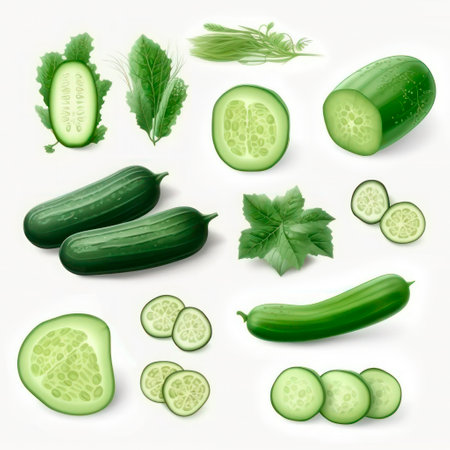 Set of drawings of cucumbers and cut cucumbers on a white backgroundの素材