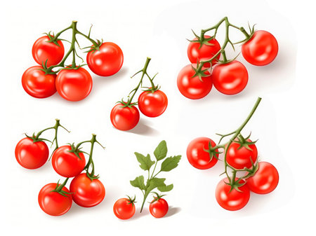 A set of drawings of cherry tomatoes on a branch on a white background.の素材