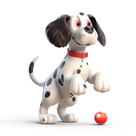 A cartoon illustration of a dog chasing a ball.の素材