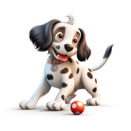 A cartoon illustration of a dog chasing a ball.の素材
