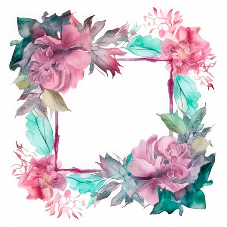 Rectangular frame of roses and other flowers. watercolor botanical illustration. Separate on a white background. Empty space for text. Place for an inscription.の素材