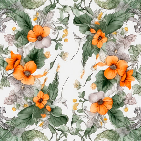Watercolor of orange and white flowers and green leaves. floral background.の素材