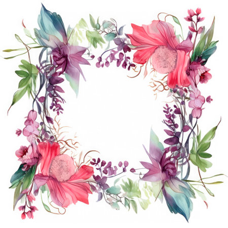 Rectangular frame of roses and other flowers. watercolor botanical illustration. Separate on a white background. Empty space for text. Place for an inscription.の素材