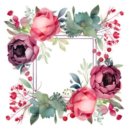 Rectangular frame of roses and other flowers. watercolor botanical illustration. Separate on a white background. Empty space for text. Place for an inscription.の素材