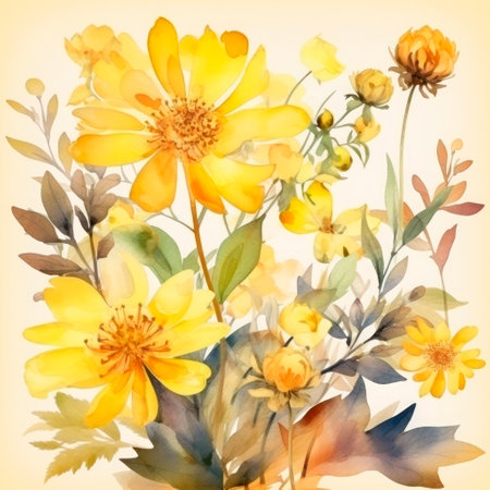 Watercolor background of yellow wild flowers.の素材