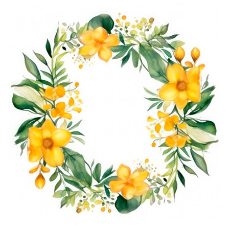 Square photo frame of yellow flowers on a white background. watercolor drawing.の素材