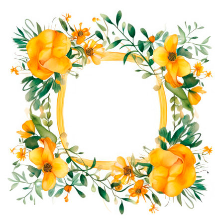 Square photo frame of yellow flowers on a white background. watercolor drawing.の素材