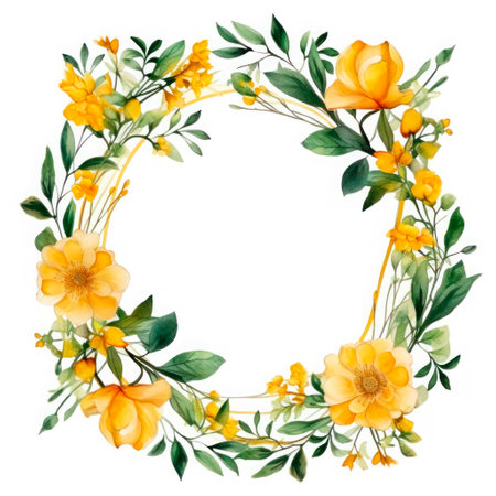 Square photo frame of yellow flowers on a white background. watercolor drawing.の素材