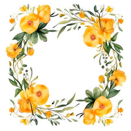 Square photo frame of yellow flowers on a white background. watercolor drawing.の素材