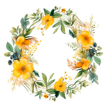Square photo frame of yellow flowers on a white background. watercolor drawing.の素材