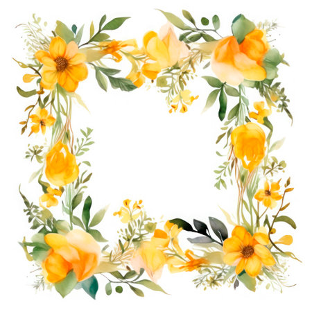 Square photo frame of yellow flowers on a white background. watercolor drawing.の素材