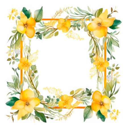 Square photo frame of yellow flowers on a white background. watercolor drawing.の素材