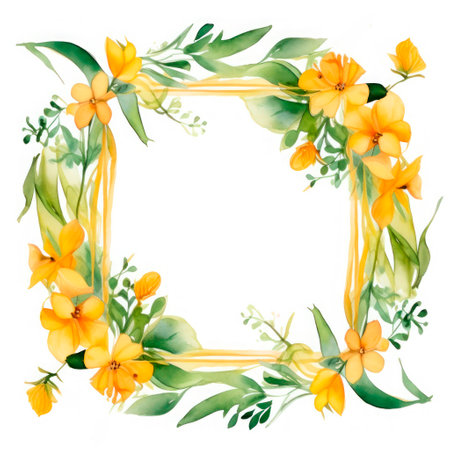 Square photo frame of yellow flowers on a white background. watercolor drawing.の素材