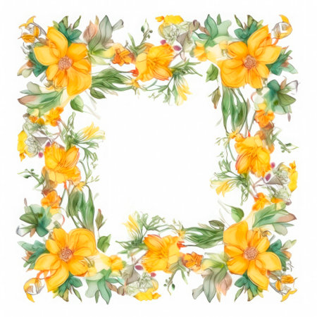 Square photo frame of yellow flowers on a white background. watercolor drawing.の素材