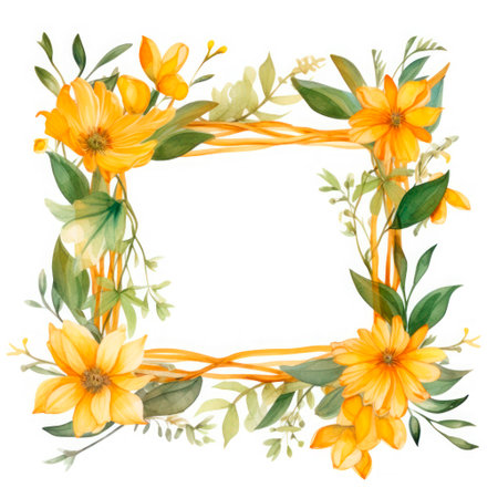 Watercolor floral frame with yellow flowers and green leaves on white backgroundの素材
