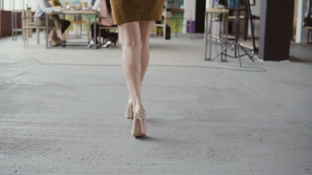 Female manager comes to business team. Mixed race group of people meeting in modern office. Camera moves up from legs.の写真素材