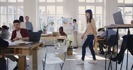 Camera moves right along modern light loft office, multiethnic business people working at healthy...