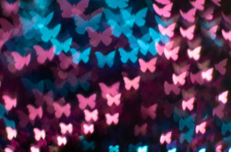 Small luminous bright butterflies in the form of bokeh on a dark backgroundの写真素材