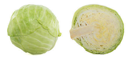 Kachan whole and cut cabbage on a white background close-up. White cabbage isolateの写真素材