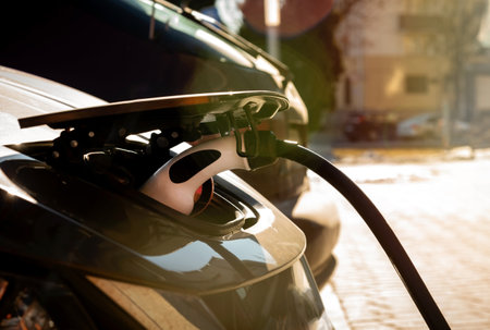 Electric charging station for electric vehicles. Environmentally friendly mode of transport. Eco car...
