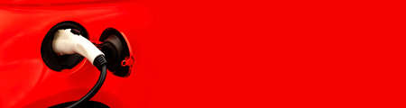 Electric car at the charging station background with free space in red color for the site. Ecology....