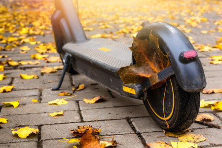 An electric scooter stands on the road strewn with autumn foliage. Eco transportの写真素材