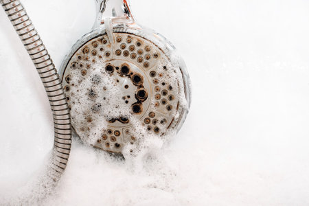 Soap foam in the bathtub or shower with an empty space for an inscription. Bubble Shampooの写真素材