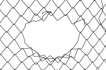 Hole in a metal grid on a white background. wire isolateの写真素材