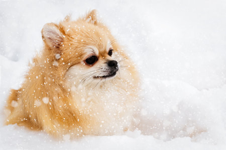 Pomeranian in the snow during a snowfall. dog walking in winterの写真素材