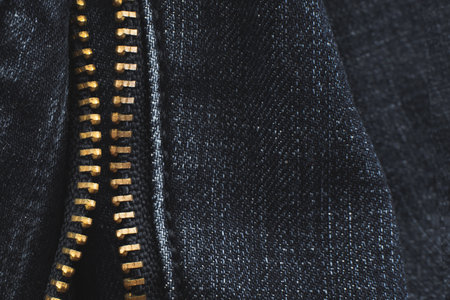 Closeup of zipper in gray jeans. Zipper with lock. A piece of denim