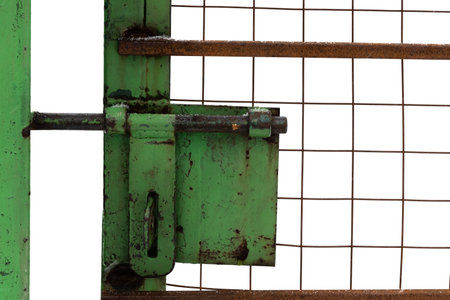 Lock on a prison cell with a grid on a white background. Jail. metal gridの写真素材