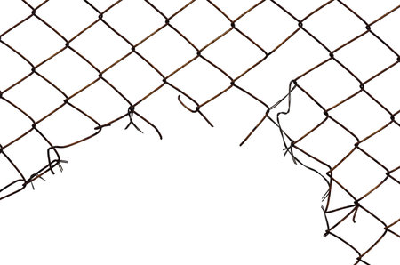 The texture of the metal mesh on a white background. Torn steel, metal mesh with holesの写真素材