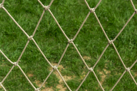 The texture of a football or tennis net on a background of green grass. Netの写真素材