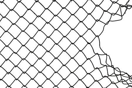 The texture of the metal mesh on a white background. Torn steel, metal mesh with holesの写真素材