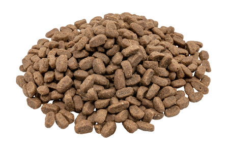 A slide of dry dog food on a white background. Food for dogs and cats in granulesの写真素材