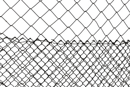 The texture of the metal mesh on a white background. Torn steel, metal mesh with holesの写真素材