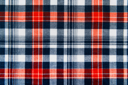 The texture of linen fabric in a large cage of blue, red and white. Scottish tailoring material....