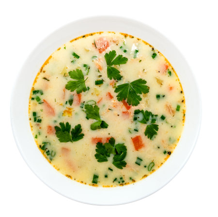 Plate with chicken soup on a white background. View from aboveの写真素材