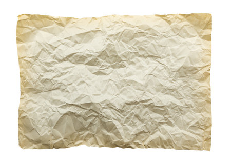 A sheet of old yellowed crumpled paper on a white background. Isolate paperの写真素材