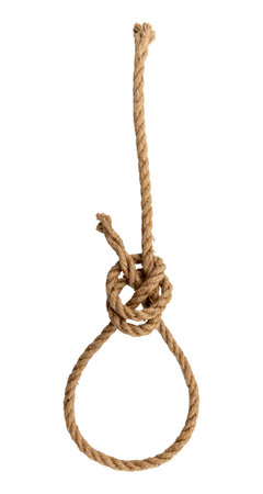 Rope made of jute in loops and knots on a white background. Linen twisted rope isolateの写真素材