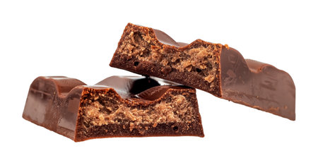 Chocolate bar broken in half on a white background. Chocolate pieces isolateの写真素材