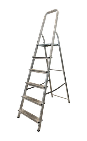 Stepladder on construction work on a white background. Stepladder with traces of use, scratches, abrasions, paint stainsの写真素材