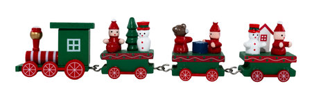 Christmas wooden toy train with snowmen on a white background. New Year's toy trainの写真素材