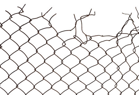 The texture of the metal mesh. Torn, destroyed, broken metal mesh on a white backgroundの写真素材
