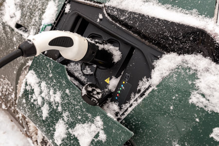An electric car is charged from a charging station in winter. Eco transport. Energyの写真素材