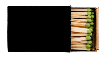 Open black box with matches on a white background.Fire. Fire. Safety. Match isolate with green sulfurの写真素材