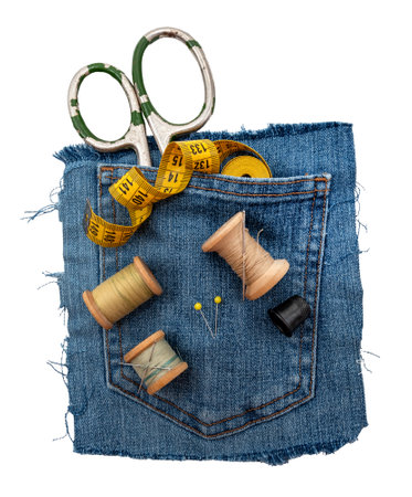 Sewing supplies on a white background. Scissors, a thimble, needles and threads lie on a piece of...