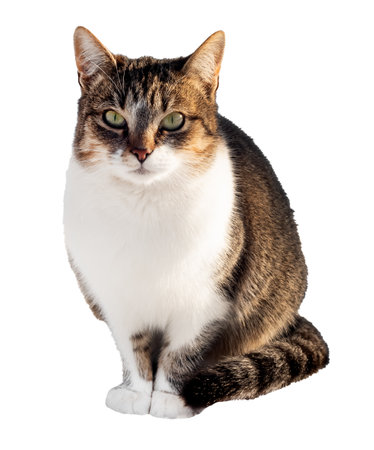 Cat on a white background close-up. Isolate of a sitting cat with its tail between its legs. Petsの写真素材