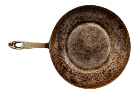 Frying pan for cooking meat and vegetables on a white background. View from above. Kitchenware. Isolate frying pansの写真素材